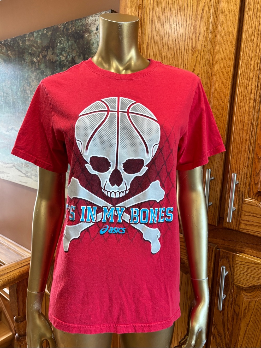 Asics Red Skull Basketball Graphic Tee with Blue Text, Youth